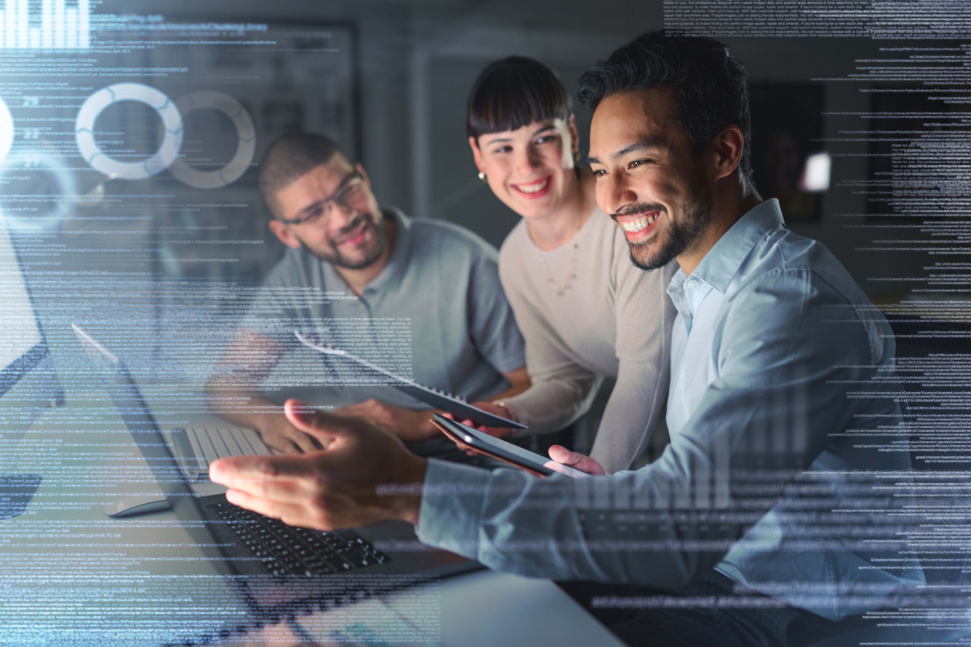 Laptop, hologram and people success for investment data analytics, stock market research or business trading. Problem solving, big data analytics and charts or graphs of happy woman and team at night